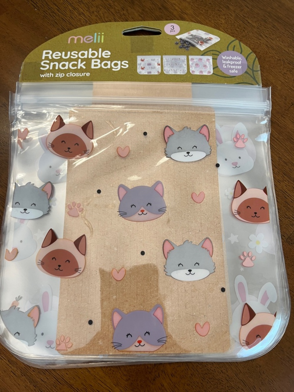Reusable Snack/Lunch Bags - Clear with Cat Bunny Unicorn Design (3 Pack)